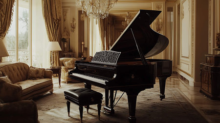 Grand piano in the living room of a luxury house. Vintage style.の素材