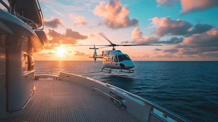 Helicopter flying over the sea at sunset. 3D Renderingの素材