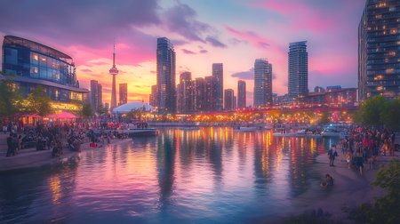Panoramic view of Dubai Marina at sunset, United Arab Emiratesの素材