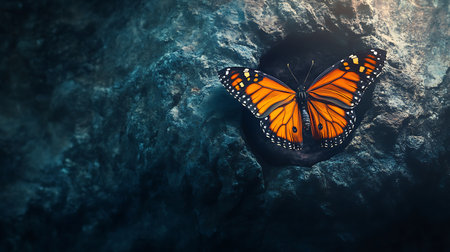 Butterfly on a stone in the dark. 3d renderingの素材
