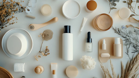 Flat lay composition with natural cosmetic products on white background, top viewの素材