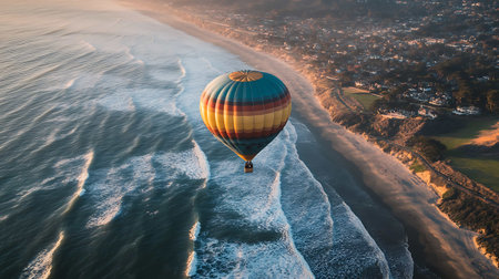 Aerial view of hot air balloon flying over the ocean at sunrise.の素材
