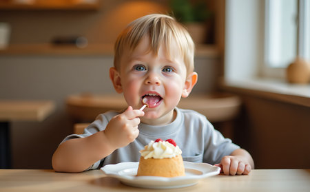 Cute baby boy eating delicious cake in cafe. Healthy food for children.の素材