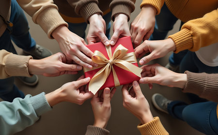 close up of people hands holding christmas gift box on wooden tableの素材