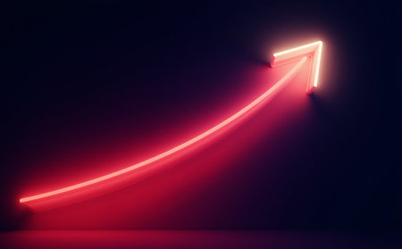 Red neon arrow on dark background. Success concept. 3D Renderingの素材