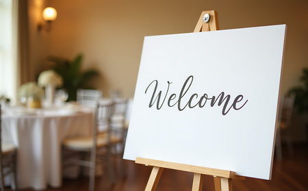 Welcome sign on a wooden easel in a restaurant with a blurred backgroundの素材