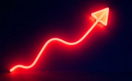 Red neon arrow on black background. Success concept. 3D Renderingの素材