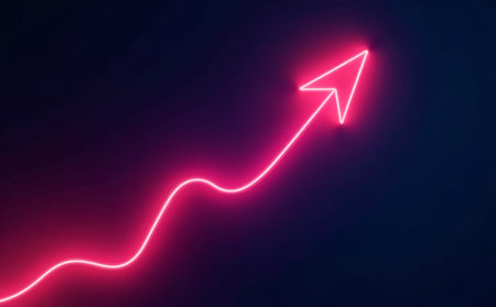 3d rendering of red arrow pointing up on dark blue background.の素材