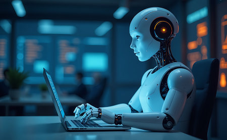 3d rendering humanoid robot working with laptop computer in modern office at nightの素材