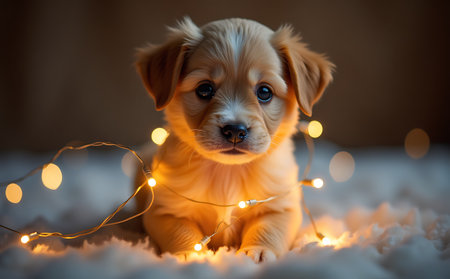 Cute puppy with christmas lights on bokeh background.の素材