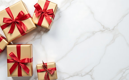 Gift boxes with red ribbonsle background, top viewの素材