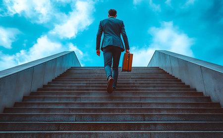 Businessman walking up the stairs with briefcase. Business concept.の素材