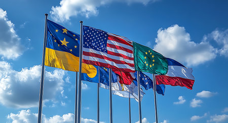 Flags of the United States and the European Union waving in the windの素材