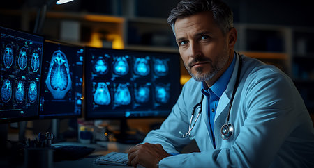 Portrait of mature doctor looking at camera while sitting at workplace in officeの素材
