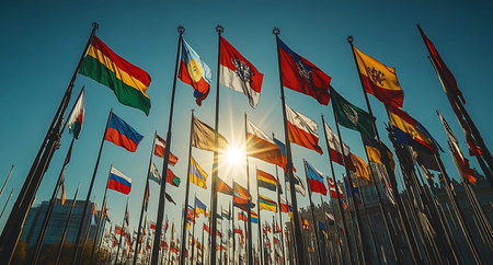 Flags of the world on the background of the sun and the blue skyの素材