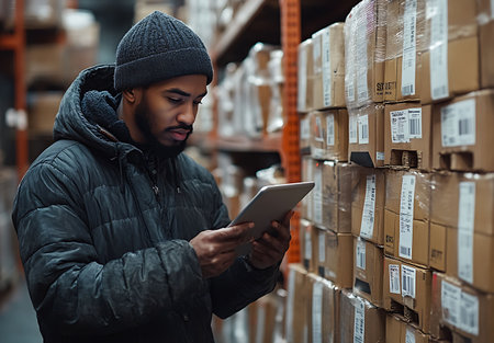 Portrait of a young African-American man using digital tablet in warehouseの素材