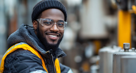 smiling african american worker in eyeglasses looking at cameraの素材