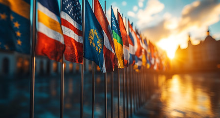 Waving flags of the United States of America and South Carolina against the backdrop of the sunset.の素材
