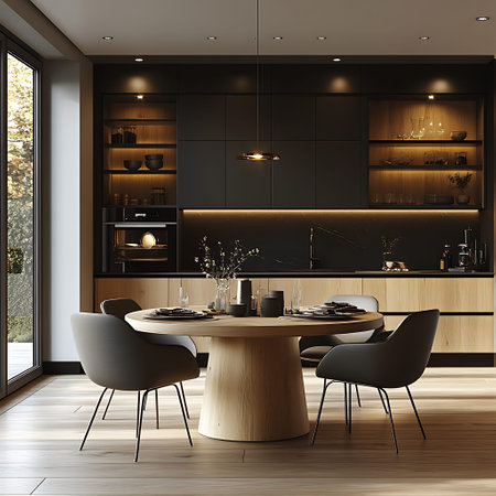Interior of modern kitchen with black walls, wooden floor, dark wooden countertops, dining table with black chairs and wooden cupboards. 3d renderingの素材