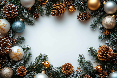 Christmas background with fir tree branches, golden and silver baubles, pine cones on white background. Top view with copy space.の素材