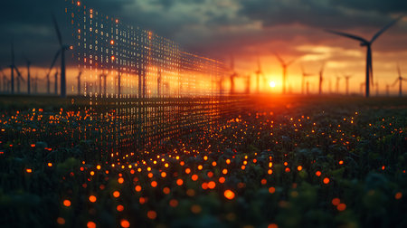Wind turbines in a field at sunset. Renewable energy concept.の素材