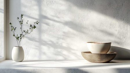 Coffee cup and vase on a white wall background. 3d renderingの素材