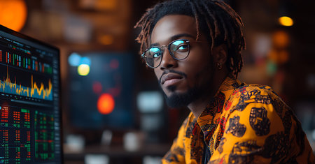 Portrait of serious african american man in eyeglasses looking at camera while sitting in cafe with computer.の素材