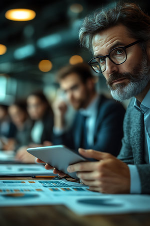 Serious mature businessman in eyeglasses using digital tablet while sitting at table in officeの素材