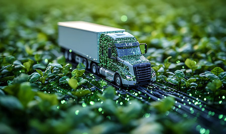 Truck model on the green grass. Technology and industrial concept.の素材