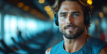 Portrait of handsome young man listening to music with headphones in gymの素材