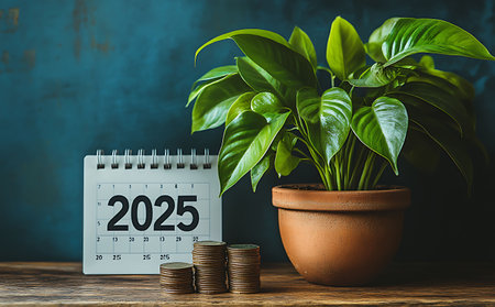 Coins stack and calendar with green plant in pot on wooden table.の素材