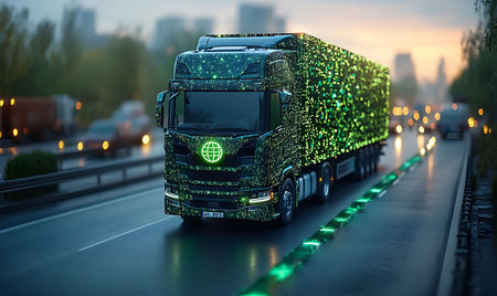 Truck with green lights on the road. Concept of global logistics.の素材