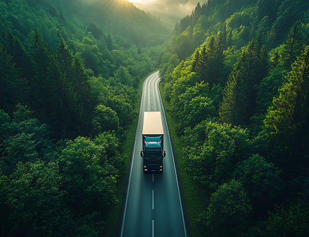 Truck on the road in the forest at sunset. Top viewの素材