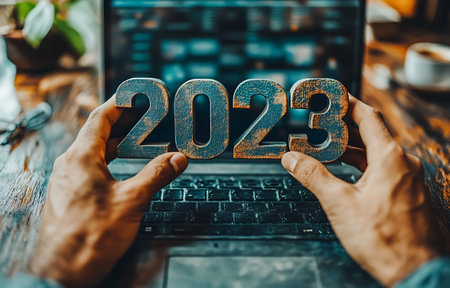 Hands of a man working on a laptop in a cafe.2020の素材