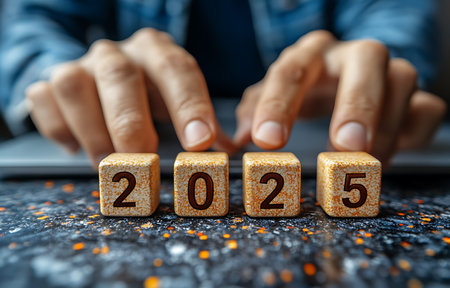 New year 2015 concept. Close up of female hands using laptop and wooden cubes with numbers.の素材