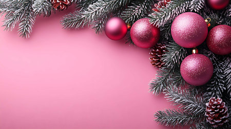 Christmas greeting card. Festive decoration on pink background. New Year concept. Copy space.  Flat lay. Top view.の素材
