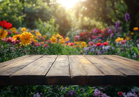 Empty wooden table in front of colorful flowers background. Ready for product display montageの素材