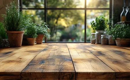 Empty wooden table in front of a window with plants in pots.の素材