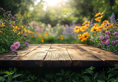 Wooden table in the garden with flowers. Wooden planks.の素材