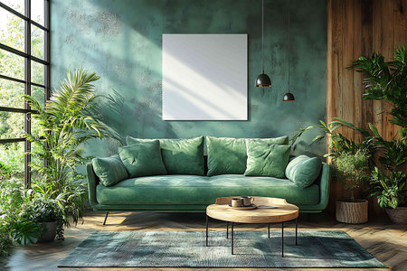 Green living room interior with a green sofa, a coffee table and a poster. 3d rendering mock upの素材