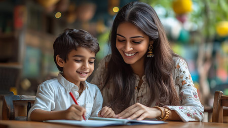 Young indian mother helping her son to write a letter in cafeの素材