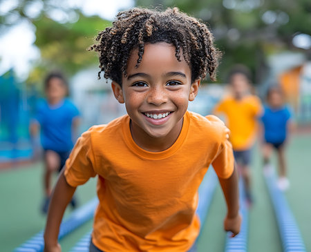 Portrait of african american boy smiling at camera on playgroundの素材
