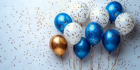 3d rendering of balloons with golden and blue confetti on white backgroundの素材