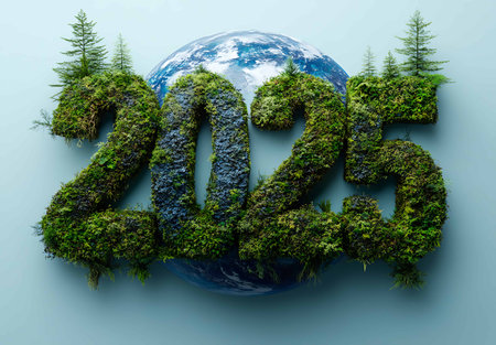 Happy new year 2015 and earth covered with green moss on blue backgroundの素材