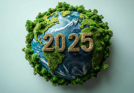 Happy New Year 2015. 3d render of earth with green grassの素材