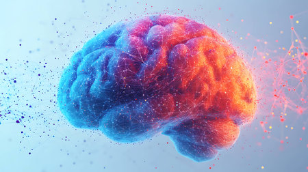 3d rendering of human brain with connection lines and dots on blue backgroundの素材