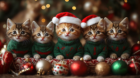 Cute kittens in Christmas sweaters on wooden table, closeupの素材