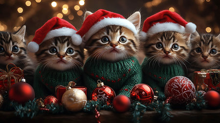 Cute kittens in Santa Claus hats with Christmas decorations on wooden backgroundの素材