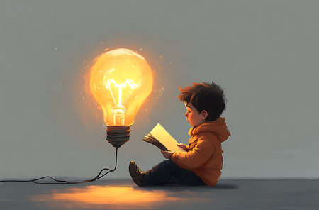 Cute boy sitting on floor and reading book with lightbulbの素材