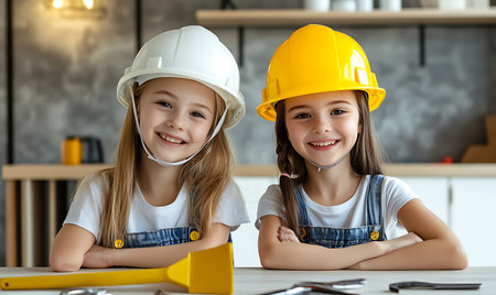Portrait of two cute little girls in hardhats and overalls sitting at table and looking at cameraの素材